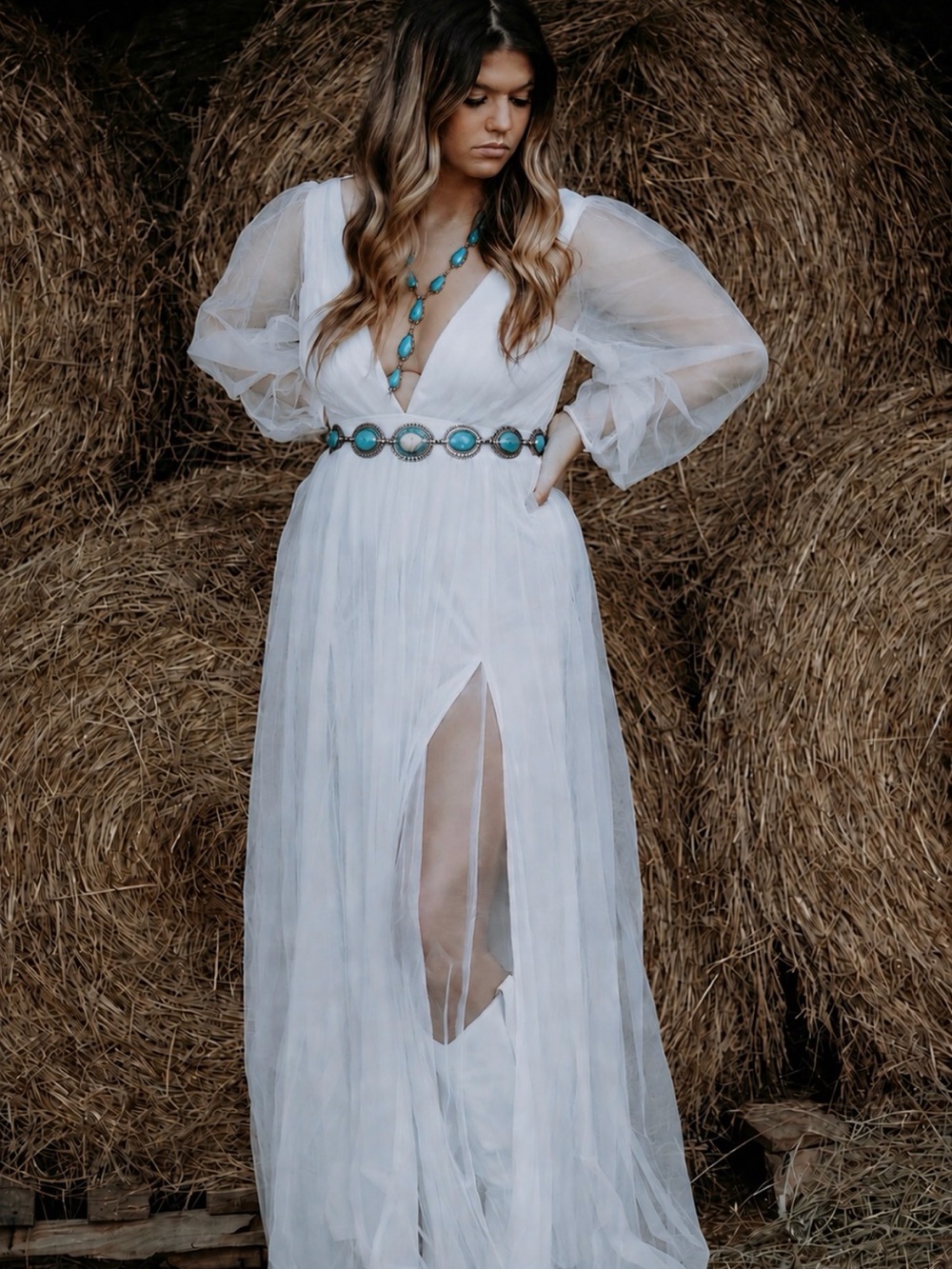 Delicate White Tulle Maxi Dress with Sheer Puff Sleeves